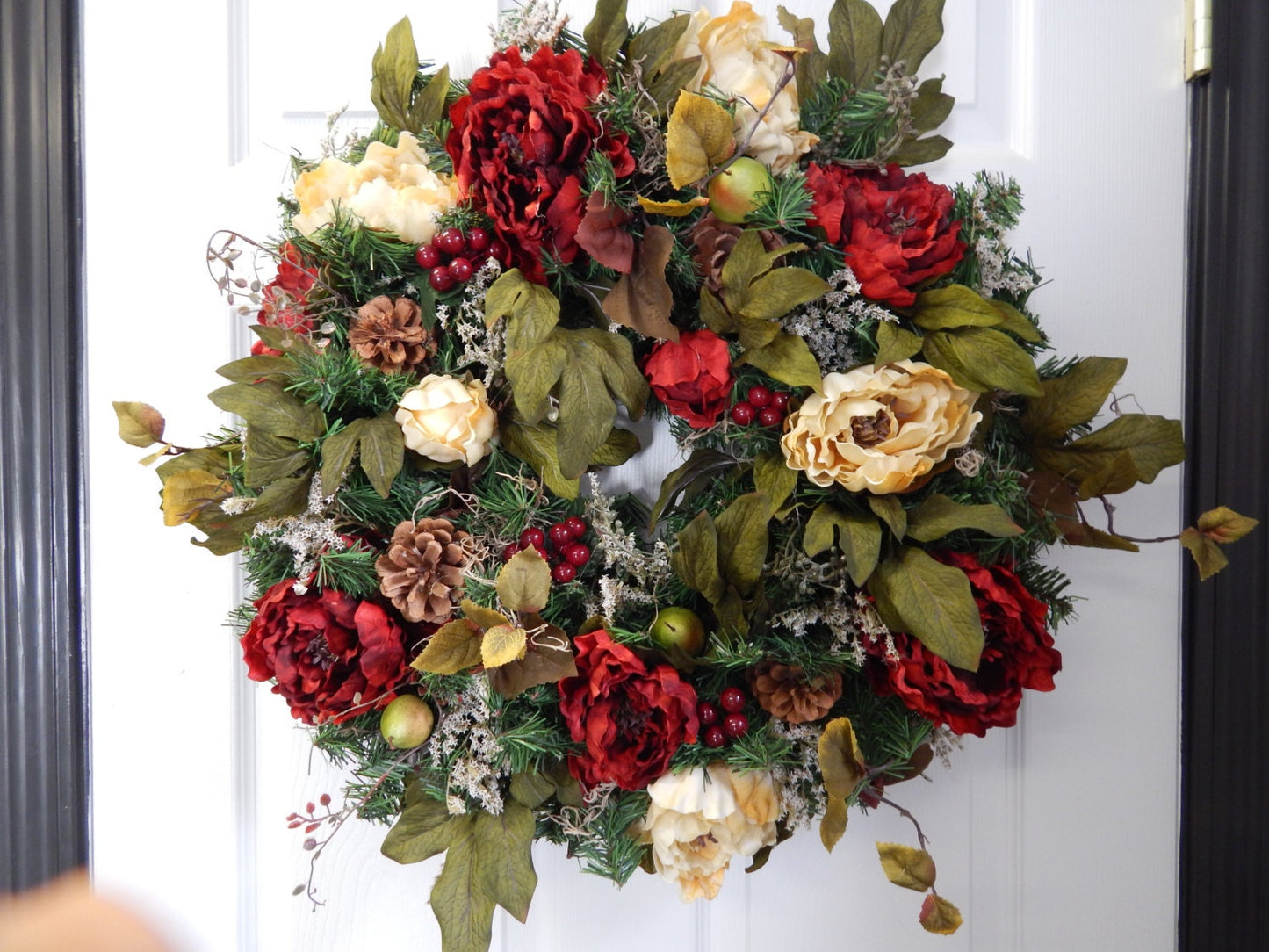 Red Peony Spring Wreath, Pine Cones & Moss Door Decor