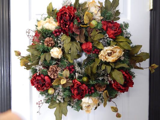 Red Peony Spring Wreath, Pine Cones & Moss Door Decor