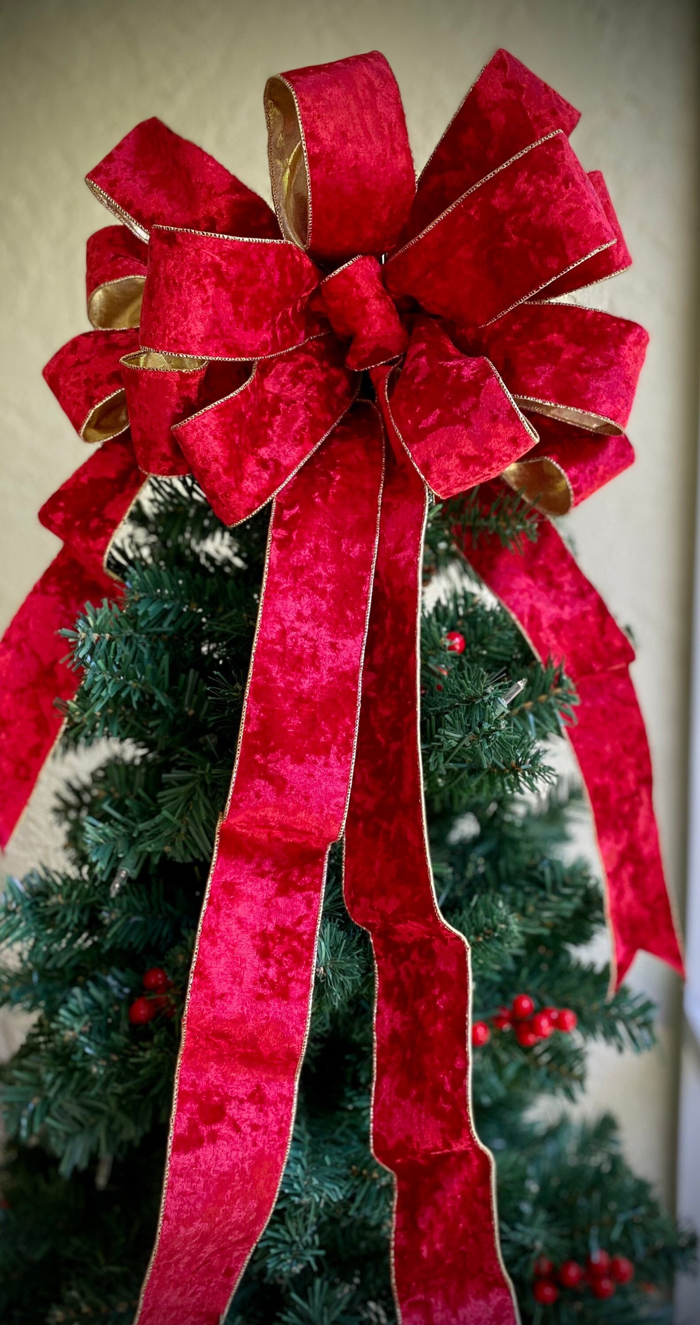 XL Christmas Bow, Beautiful Bows, Large Fabulous Holiday Tree Topper, 12"x12"x32"  14Loop with 4 Cascade  Tails.   FREE SHIPPING,