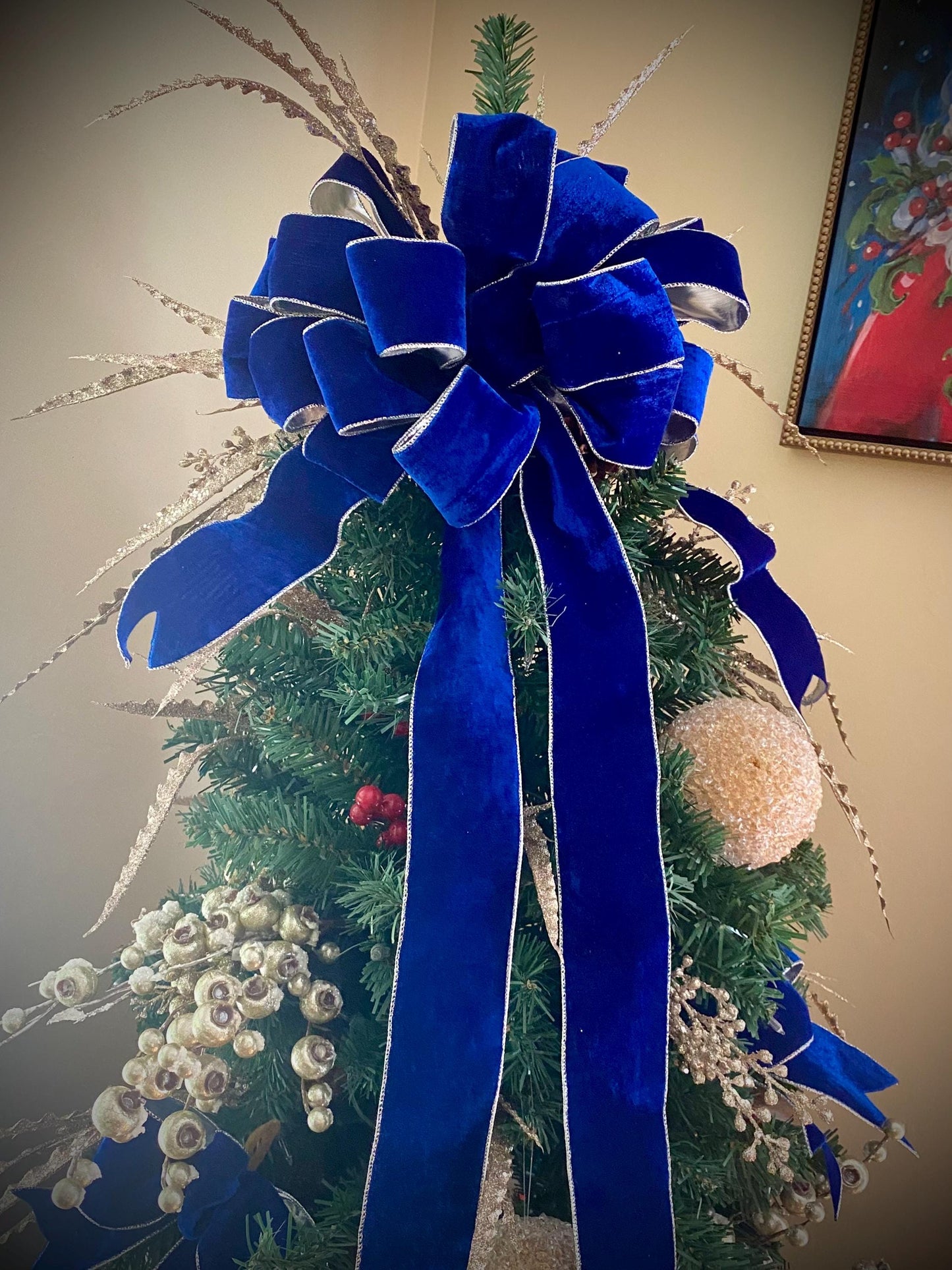 XL Christmas Bow, Beautiful Bows, Large Fabulous Holiday Tree Topper, 12"x12"x32"  14Loop with 4 Cascade  Tails.   FREE SHIPPING,