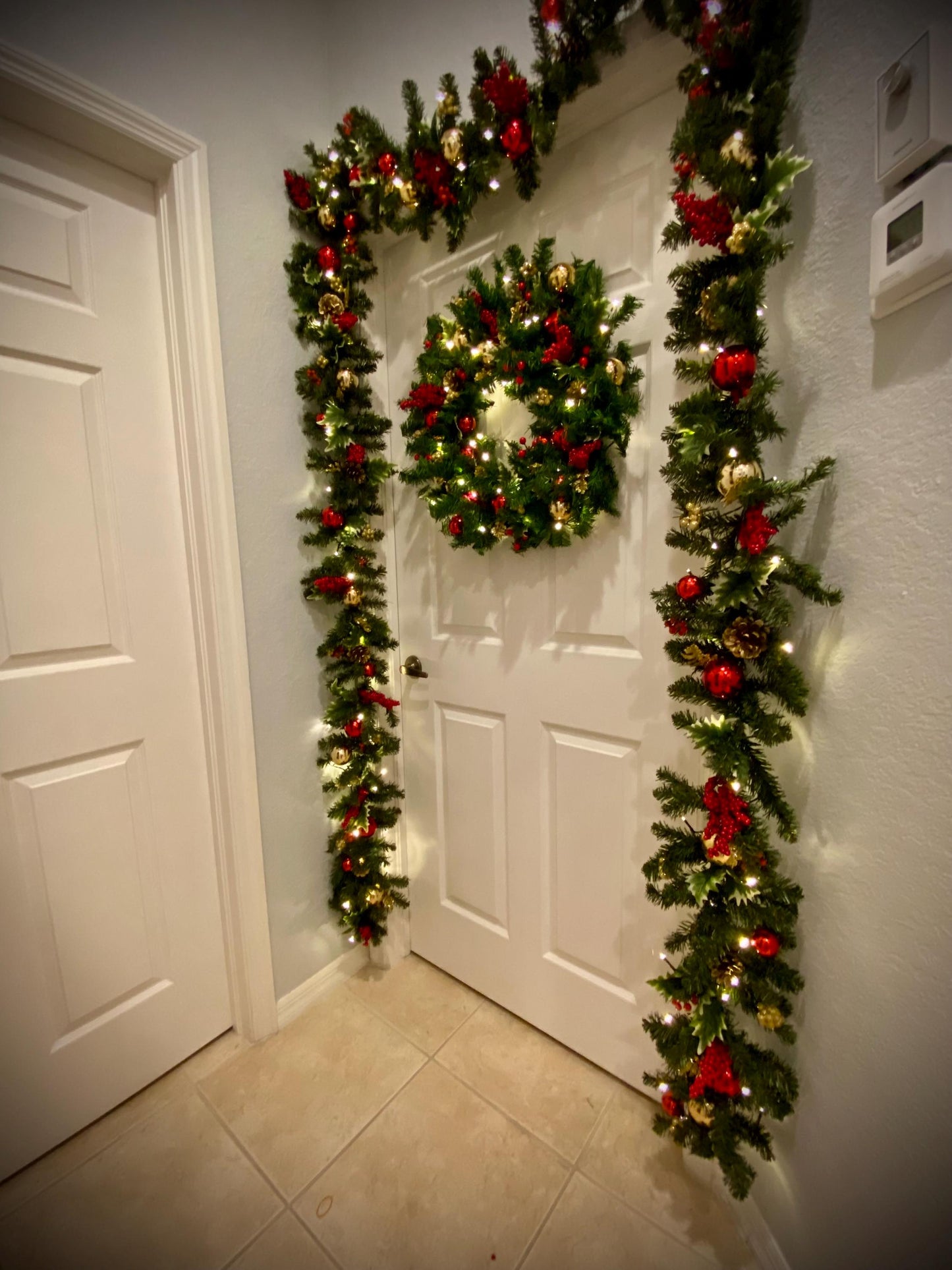 Economical Holiday Decor Set. Artificial and Simple Pre Decorated Pre Lighted Wreath with 9' Garland Included Cordless Light with Timer.