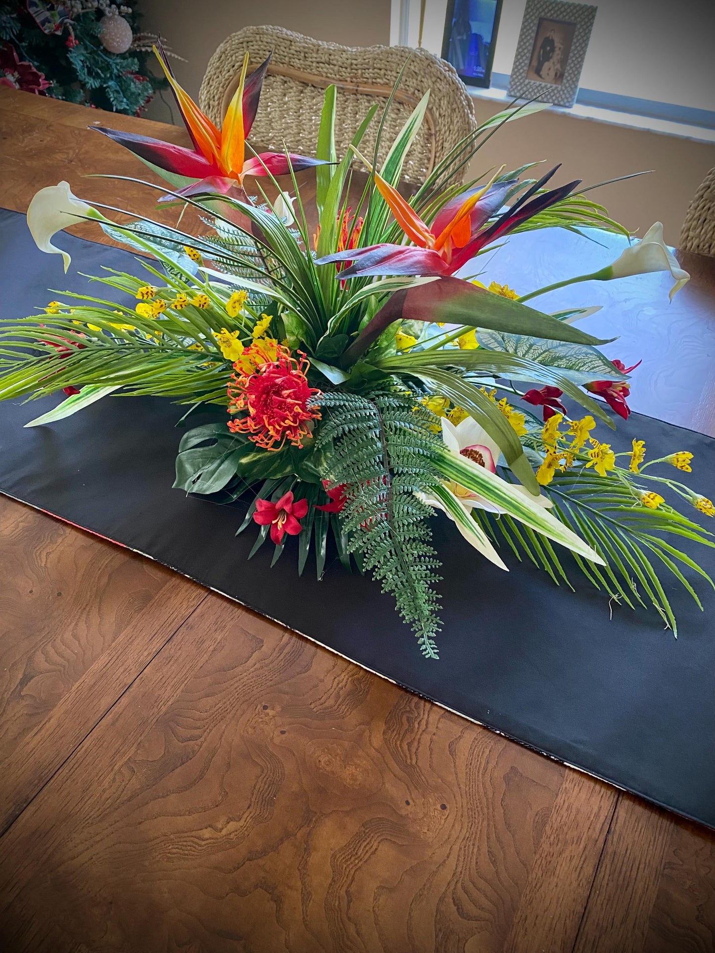 Tropical Table Centerpiece, Bird of Paradise Arrangement, Faux Floral