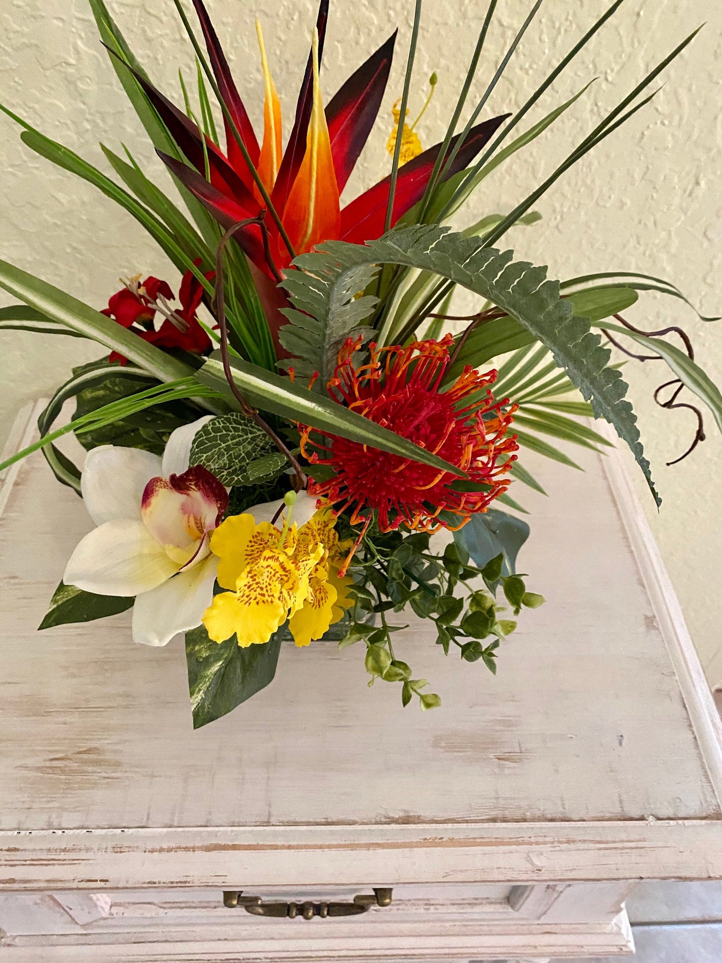 Nosegay  Tropical accent, 3" cube,  Artificial Arrangement, Bird of the paradise, Black  glass square