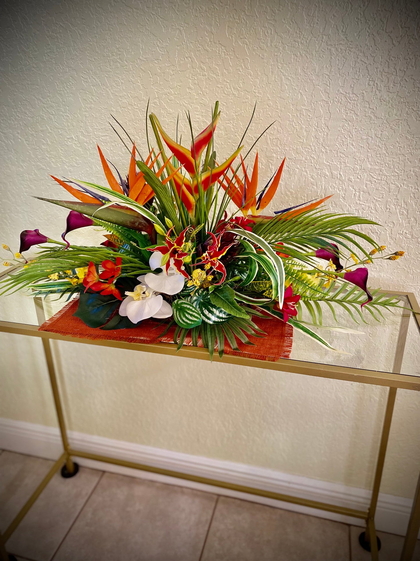 Large Artificial Tropical Heliconia Arrangement /   Faux 32" Floral Centerpiece with Coral Fan.