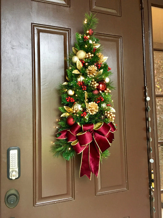 Christmas Tear Drop Swag, Burgundy Velvet Bow, Cordless Lighted Wall Tree