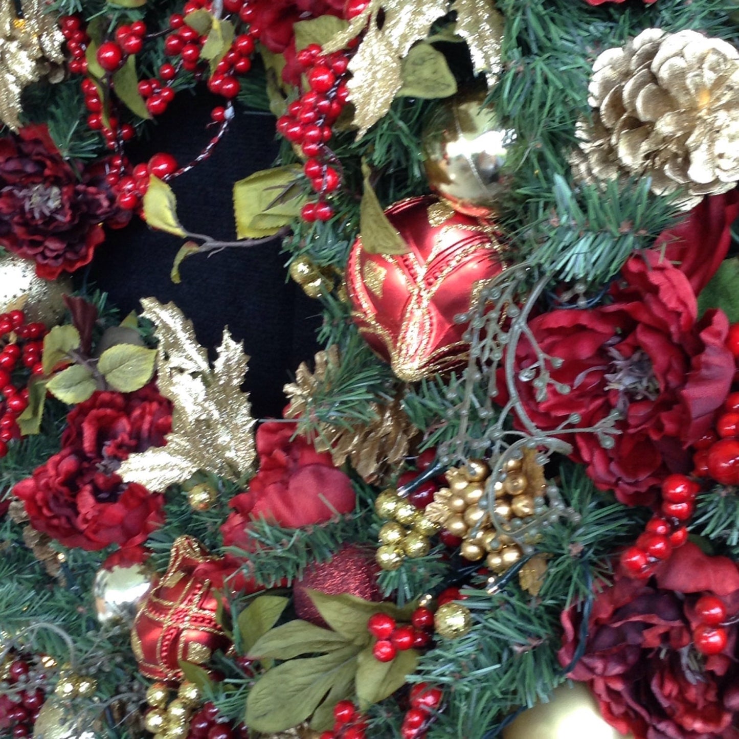 XL  36" Red Christmas Wreath,Wreaths, Pre Lit LED Cordless Light, Ruby Red, Gold, Peony Mix. Artificial, Ever Lasting,  Burgundy, Elegant,