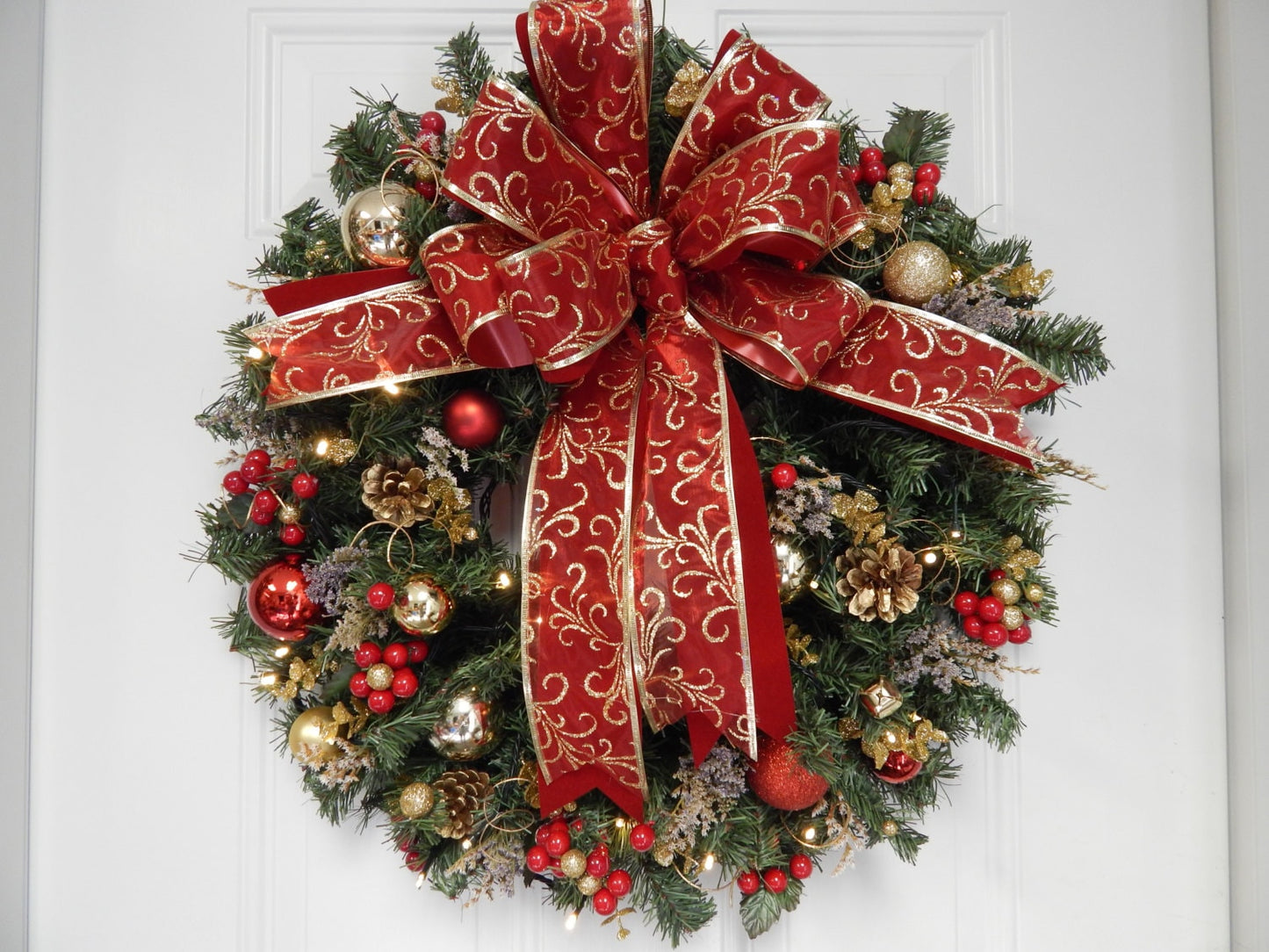 Red Christmas Wreath, Lighted with Timer, Holiday Door Decor