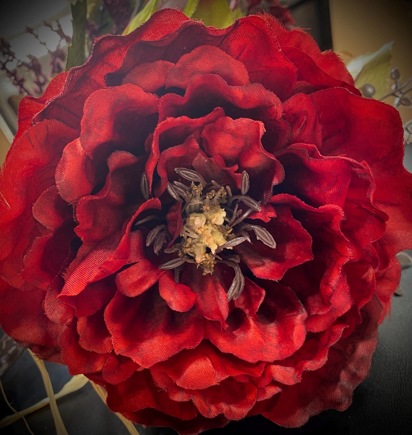Signature Dark Red Peony Christmas Decor, 4PC Set. Silk Luxury Wine Red Peonies Mix , Wreath, Garland, 2 Trees, Cordless, Pre-lit,