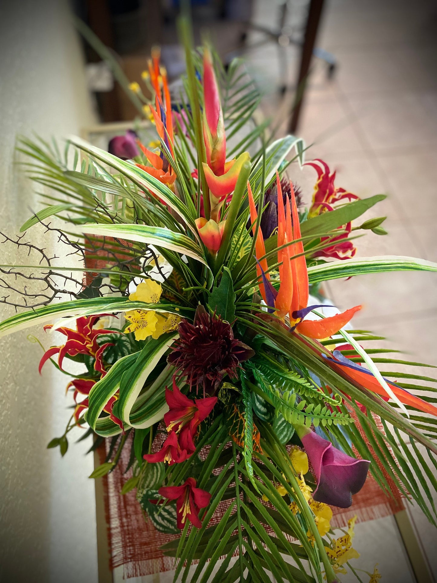 Large Artificial Tropical Heliconia Arrangement /   Faux 32" Floral Centerpiece with Coral Fan.