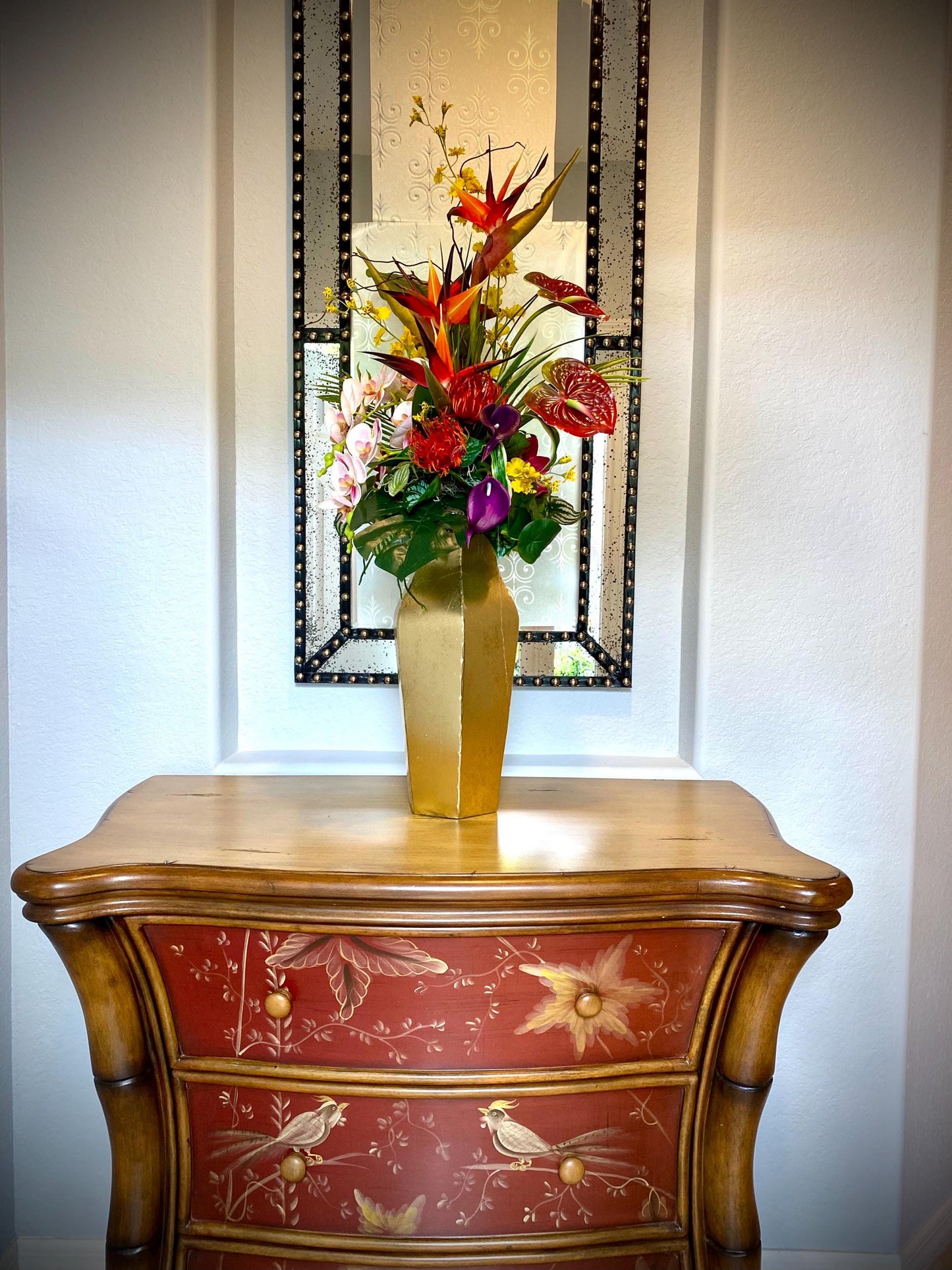 Beautiful High Profile Tropical Arrangement, Artificial Centerpiece,  42" tall x 13" diameter