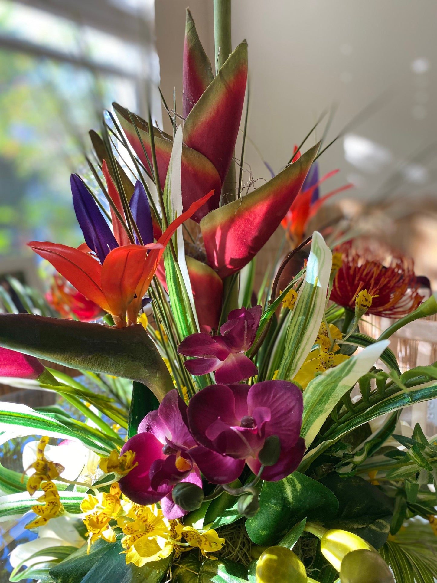 Exotic Hawaiian Heliconia Arrangement: Bird of Paradise, Purple Protea, Coral Fan (20”x13”)