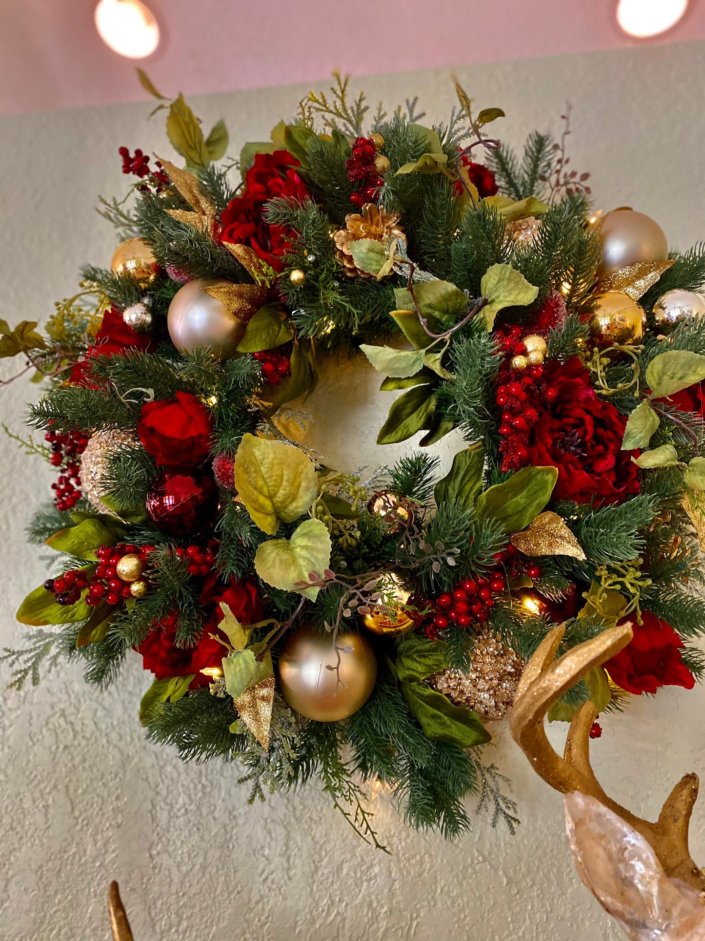 Signature Dark Red Peony Christmas Decor, 4PC Set. Silk Luxury Wine Red Peonies Mix , Wreath, Garland, 2 Trees, Cordless, Pre-lit,