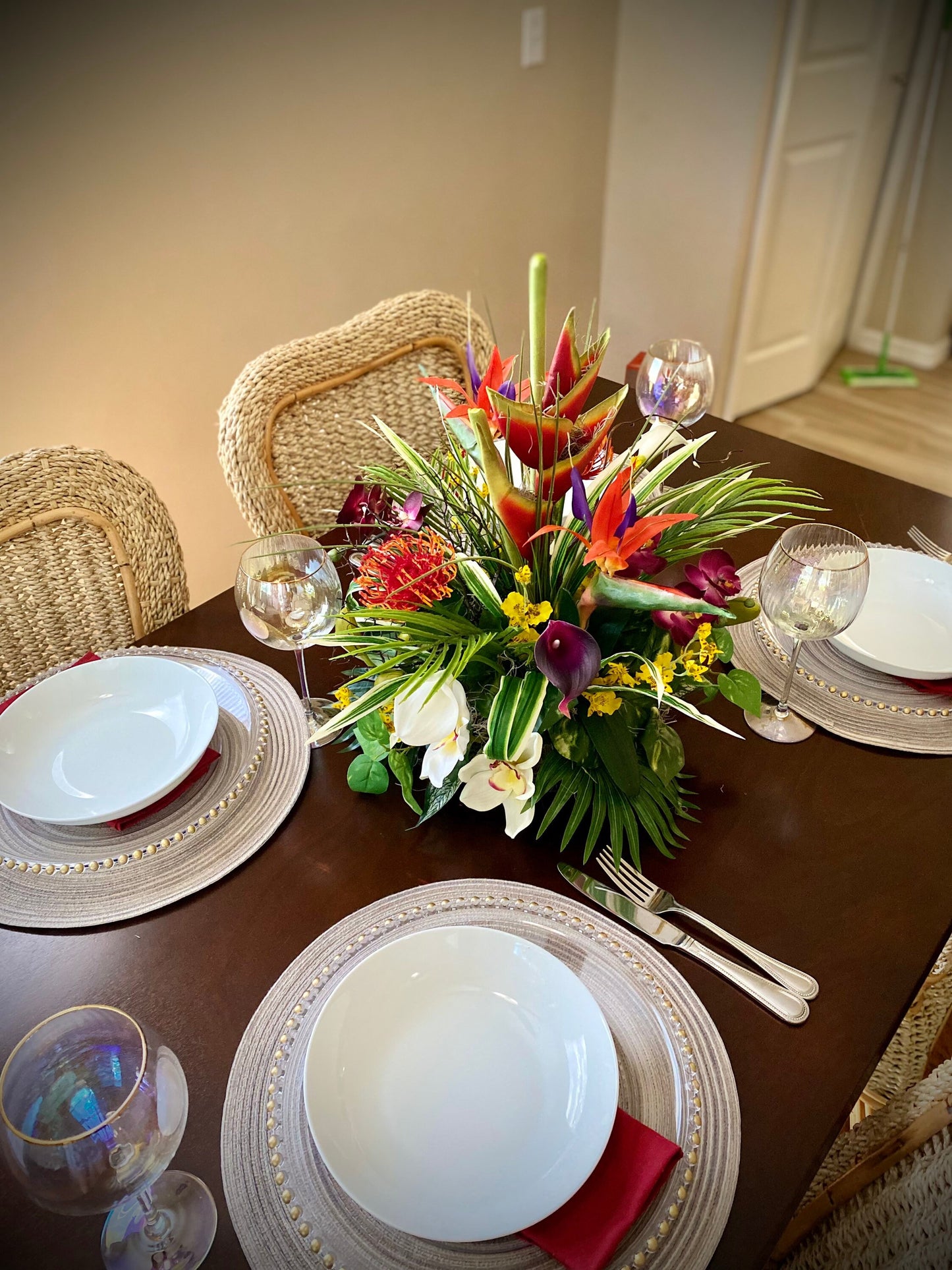 Exotic Hawaiian Heliconia Arrangement: Bird of Paradise, Purple Protea, Coral Fan (20”x13”)