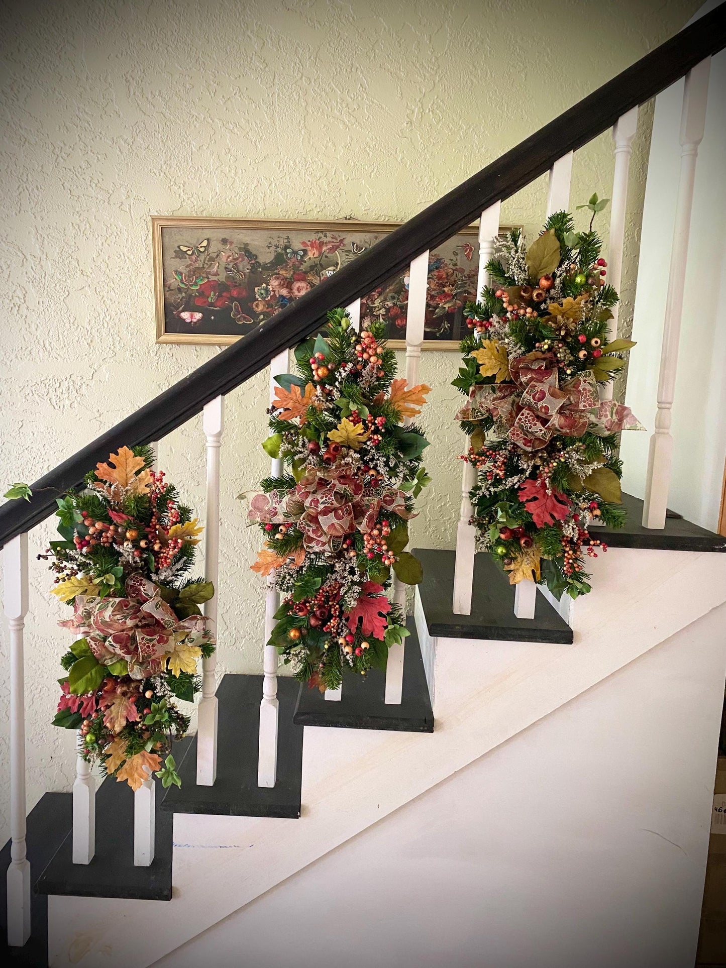 Fall Luxury 3 pc Set Thanksgiving Swag for Stairs,  Artificial Decor (Pre Lit with Automatic Timer) Free Shipping, Orange, Vertical Swags.