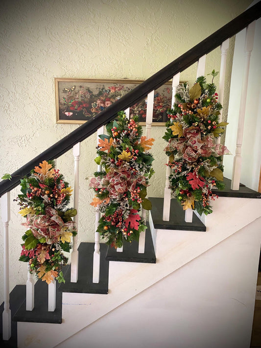 Fall Luxury 3 pc Set Thanksgiving Swag for Stairs,  Artificial Decor (Pre Lit with Automatic Timer) Free Shipping, Orange, Vertical Swags.