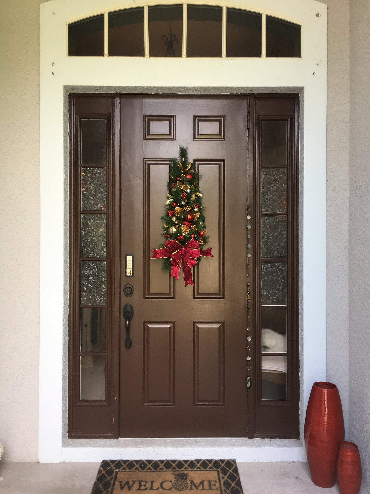 Christmas Teardrop Swag, Burgundy Velvet Bow, Battery Lighted Wall Tree