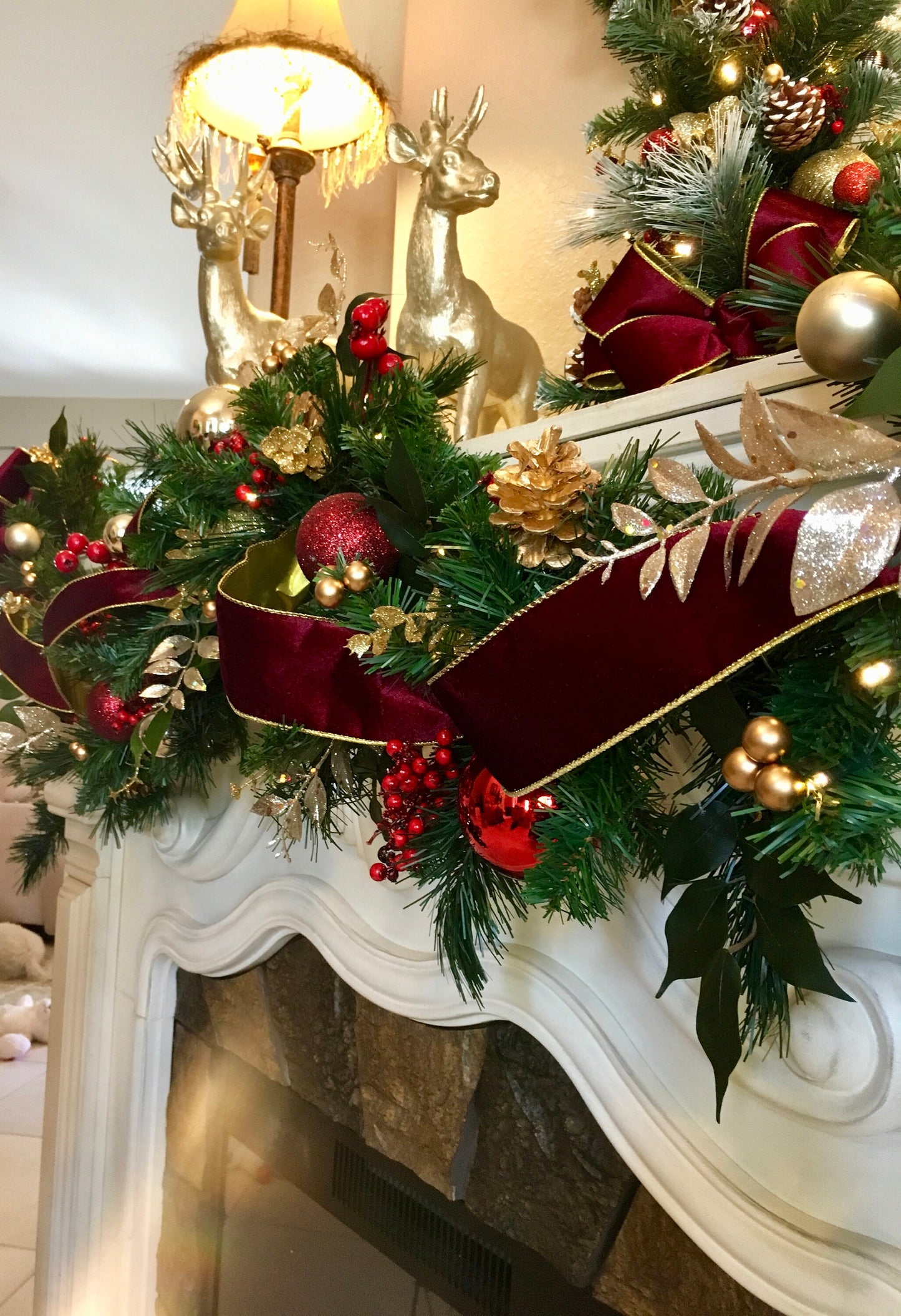 4 PC Set Christmas Wreath & Garland Set / Burgundy  Velvet Ribbons , FREE SHIPPING, Cordless, Pre-lit, Original,