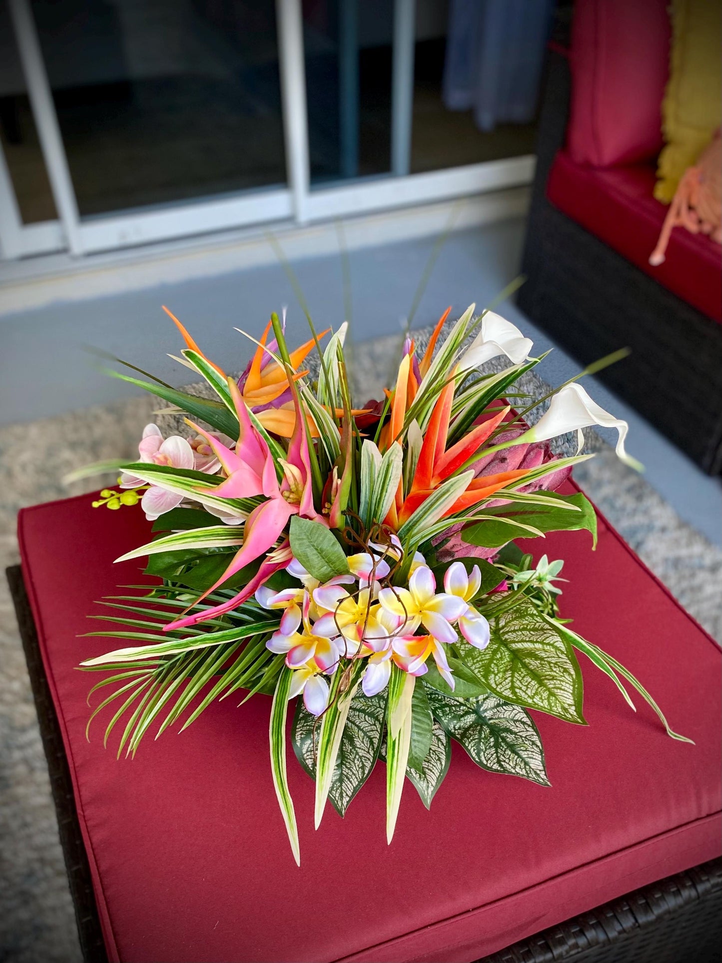 Paradise Found. 18x18x15  Tropical Centerpiece.  Beautiful Bird of paradise, King Protea, Orchids stems.  Artificial, Faux, Silk,