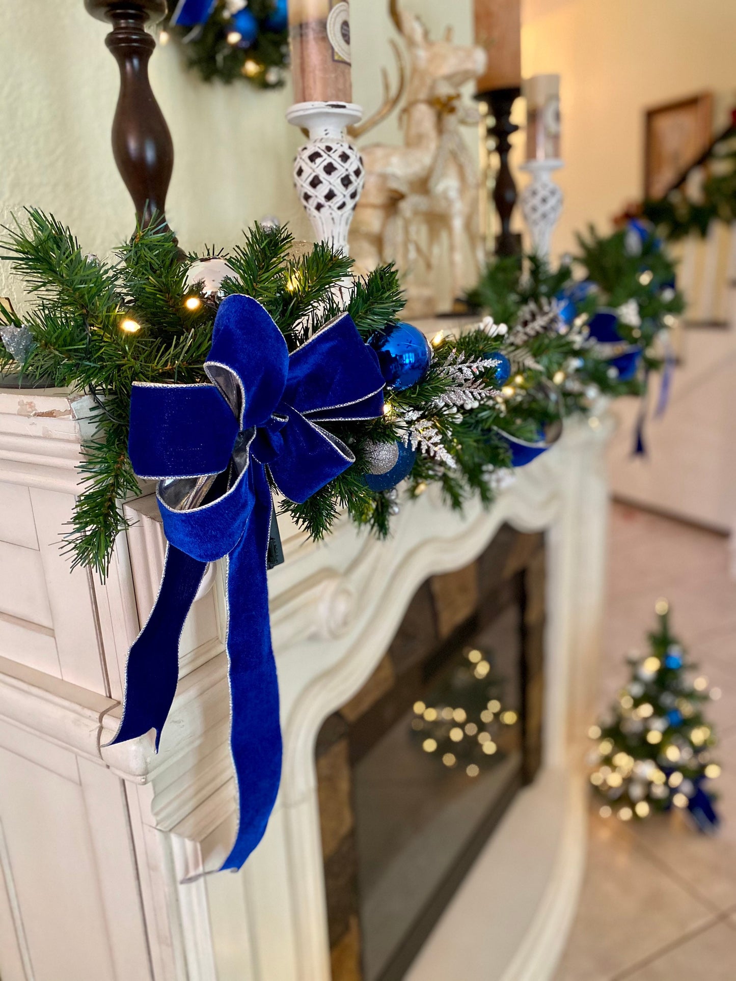 Christmas Garland. Blue Velvet Ribbon with silver trimmings/ backing, Cordless, FREE SHIPPING,  50 LED light cordless with timer,