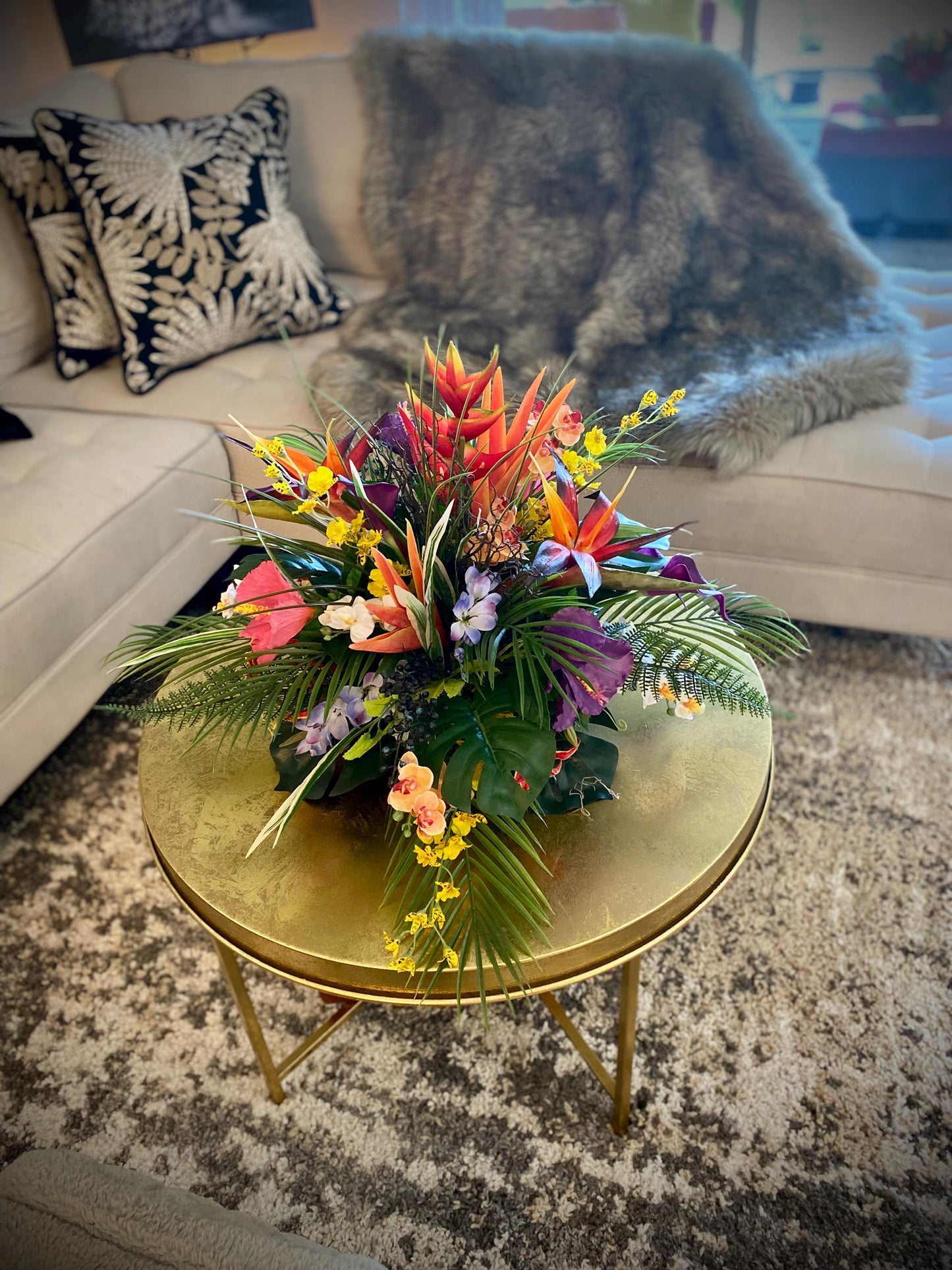 Hawaii Breeze Heliconia and Coral Fan Faux Large Floral Centerpiece, Tropical Arrangement . Artificial Flower Arrangement.