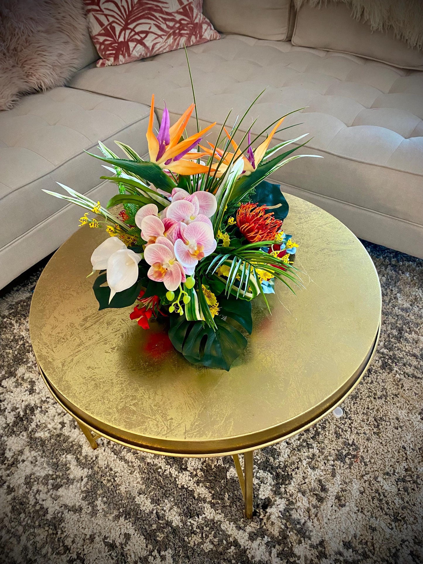 Love it! 15x15x15  Tropical Centerpiece.  2 or 3 Bird of Paradise,   Arrangement, Artificial, Faux, Silk, Tropical Flower Arrangement.