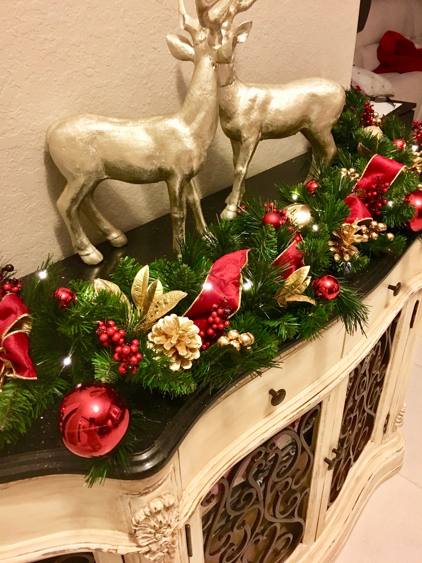 Red Velvet Christmas Garland, 5ft, 48 LED Lights with Timer
