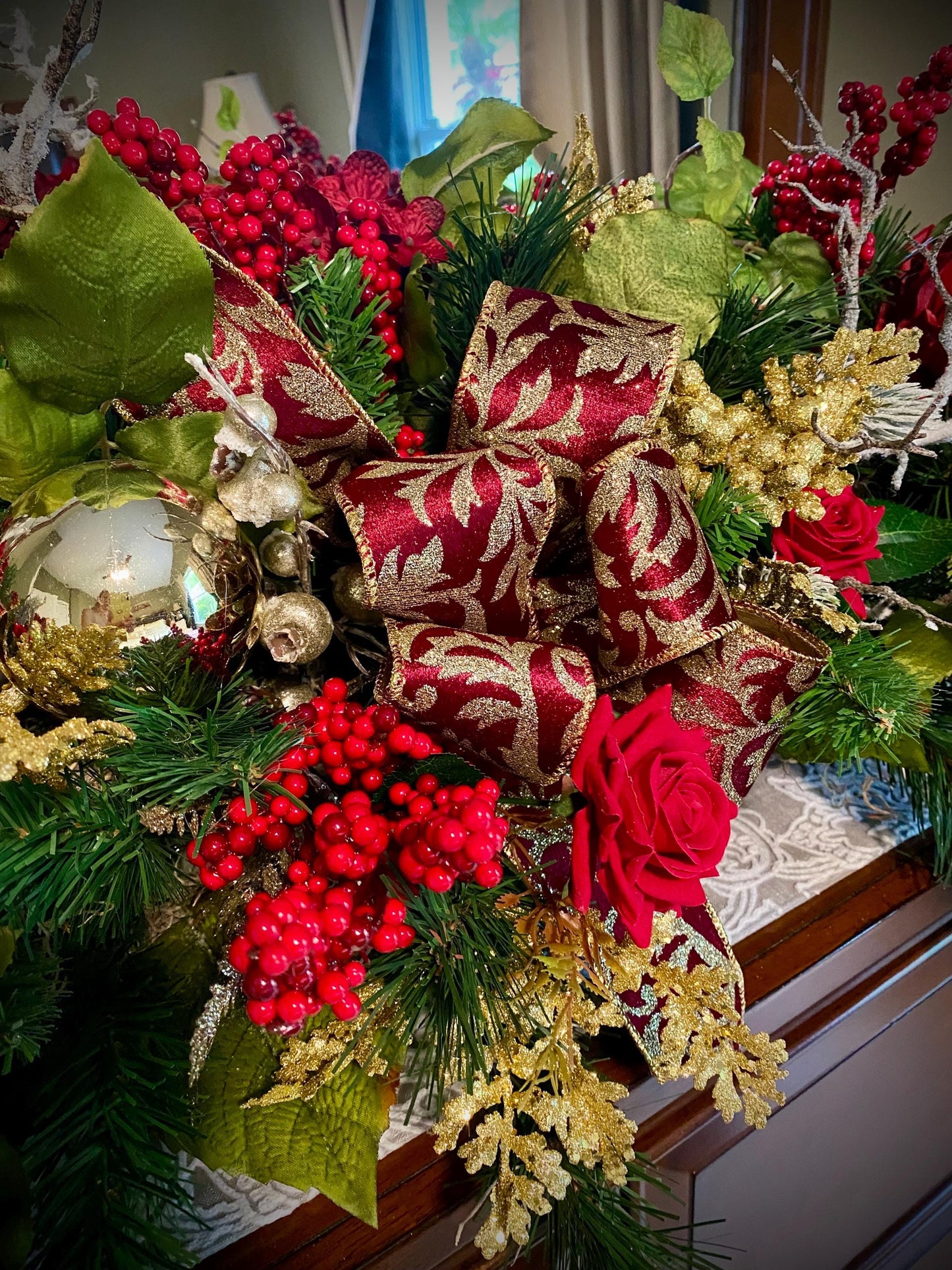 Luxury XL Holiday  Table Centerpiece . Artificial 45”  long  Velvety Wine Red flwerlet . Perfect  for a large table.