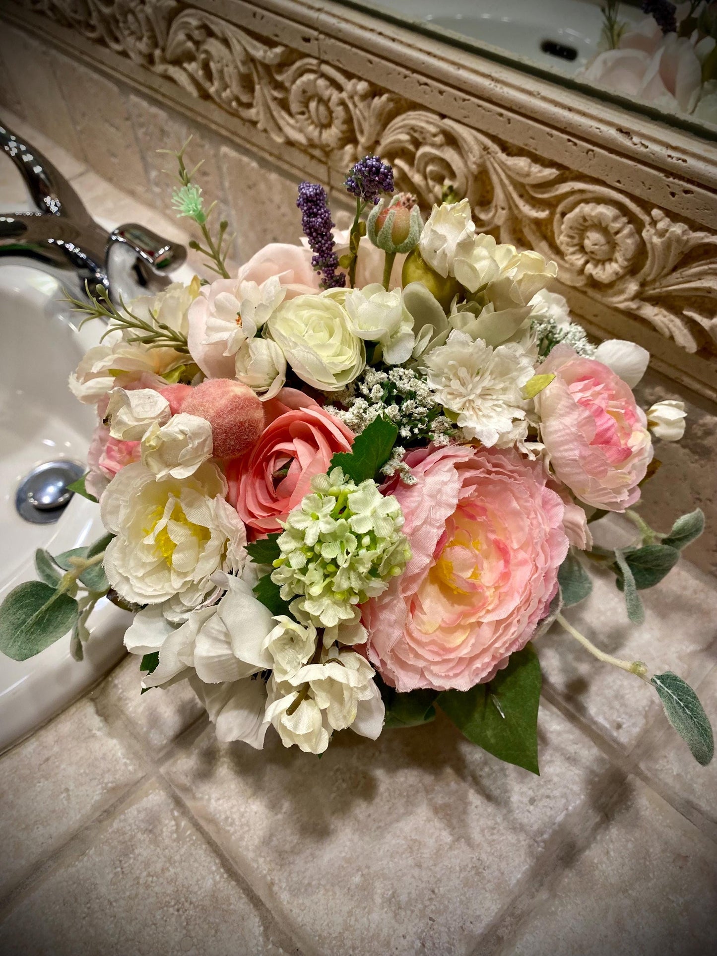 50% off Beautiful Ranunculus Nosegay in black glass cube. Baby Pink, Artificial ,  9"x9"