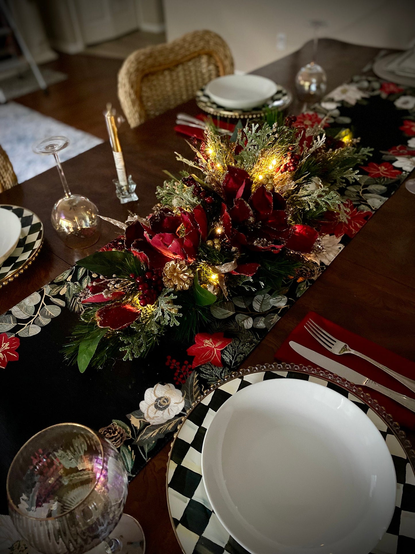 Velvet Wine Red Magnolia Holiday Centerpiece, LED Lights & Timer