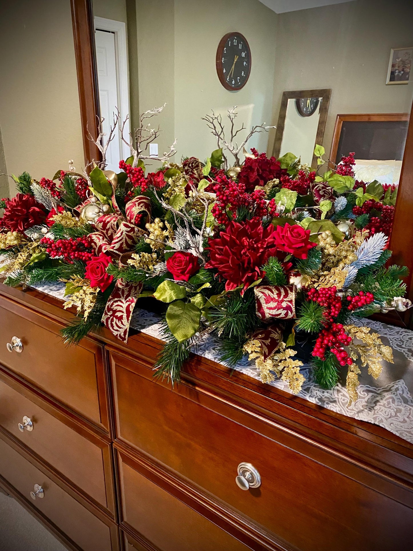 Luxury XL Holiday  Table Centerpiece . Artificial 45”  long  Velvety Wine Red flwerlet . Perfect  for a large table.