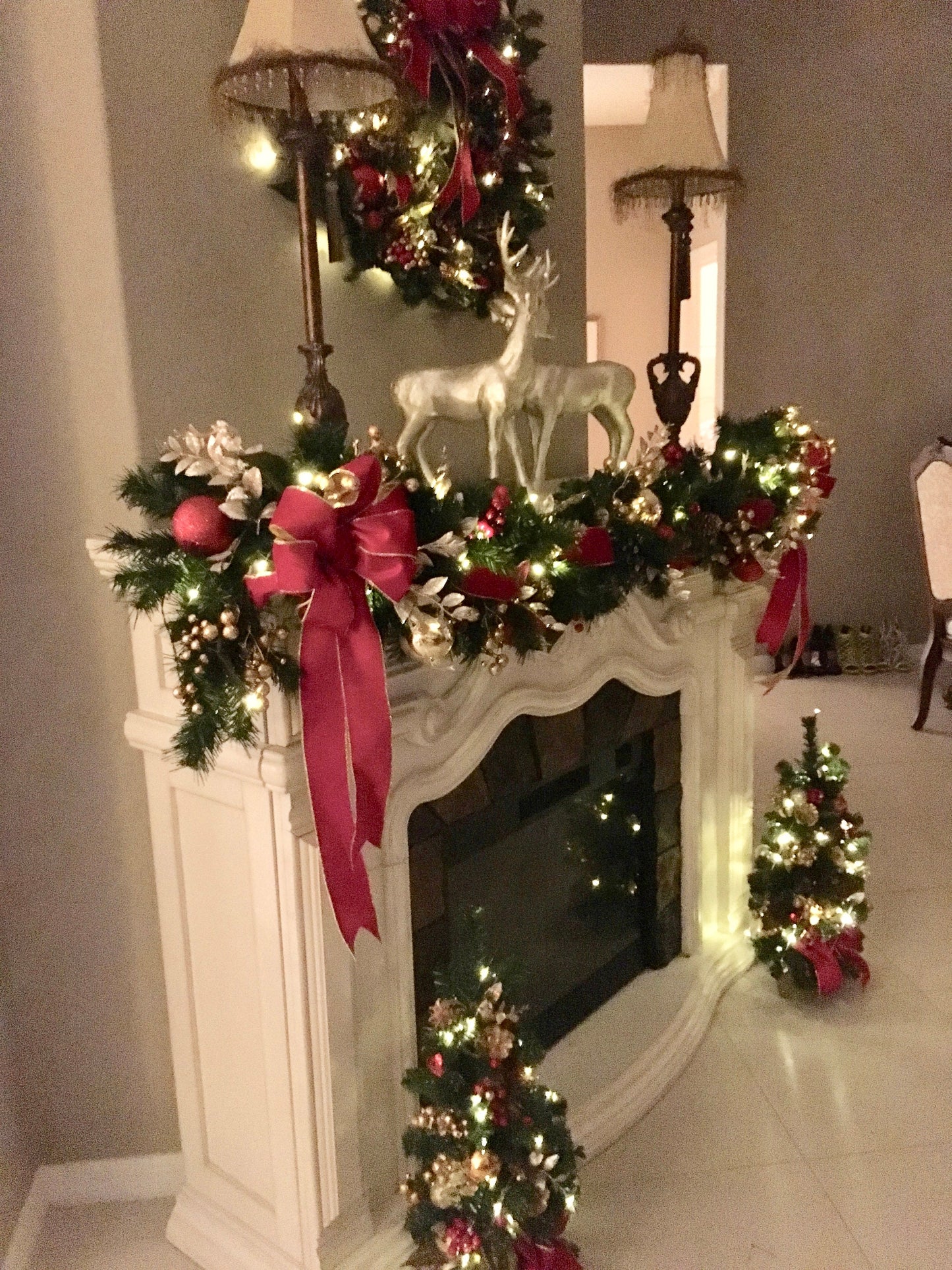 Red Velvet Set of 4pc,  Christmas Red Velvet Wreath, Garland and 2 Topiaries. FREE SHIPPING. Cordless, Pre-lit, pre- Decorated.