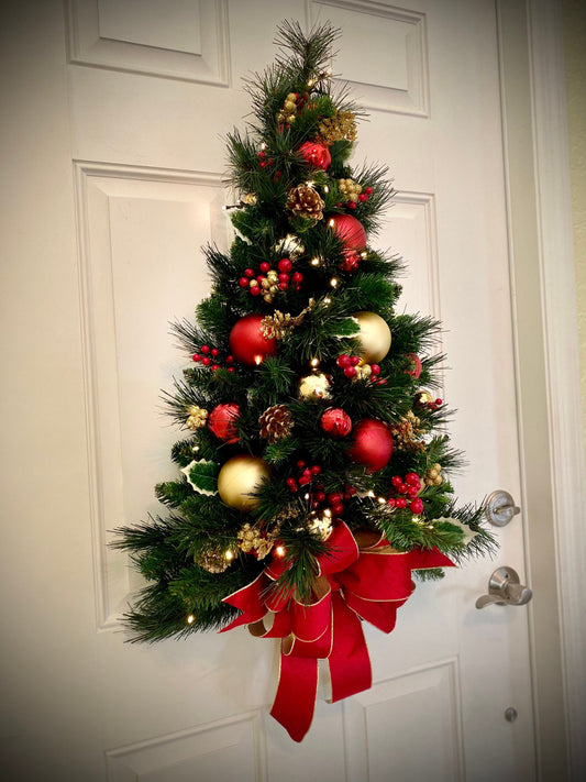 Large Christmas Teardrop Swag, Red Velvet Ribbon, Cordless Lit Wall Tree