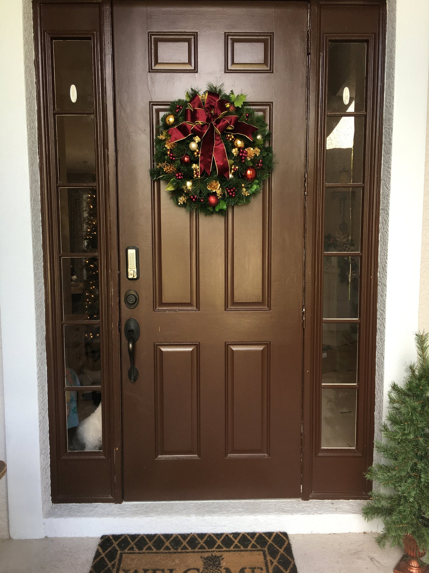 Burgundy Velvet Christmas Wreath with Cordless LED Timer Lights, Luxury Holiday Door Decor.