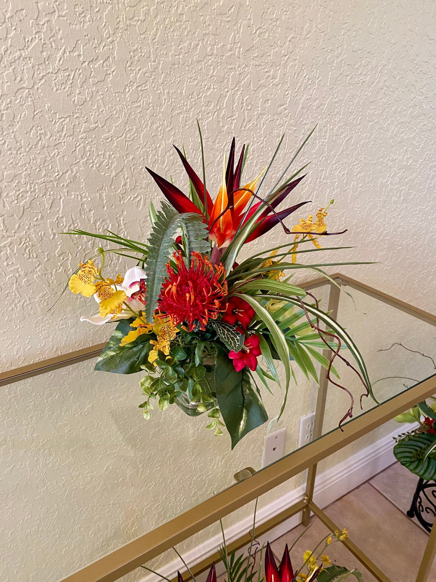 2 PC Set Tropical Floral Arrangement, Bird of Paradise in Glass Cube, 2pc Set