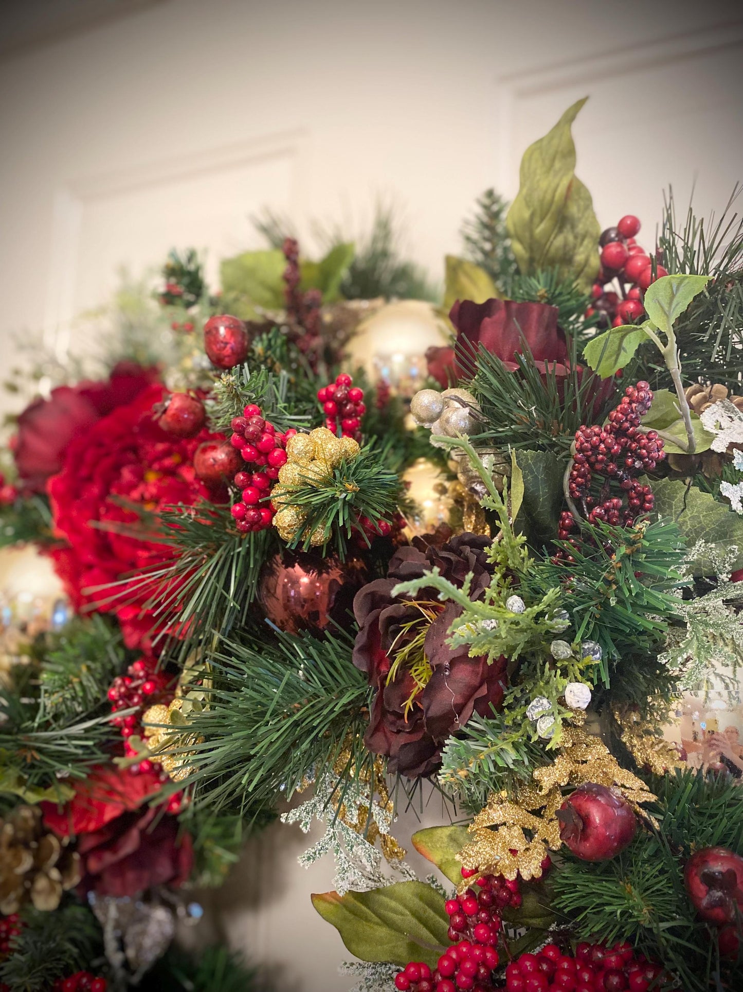 Wonderful Holiday Red Peony Wreath 2025 design.  Red Peony Artificial Wreath, 26" and up, LED cordless light. Free Shippings.