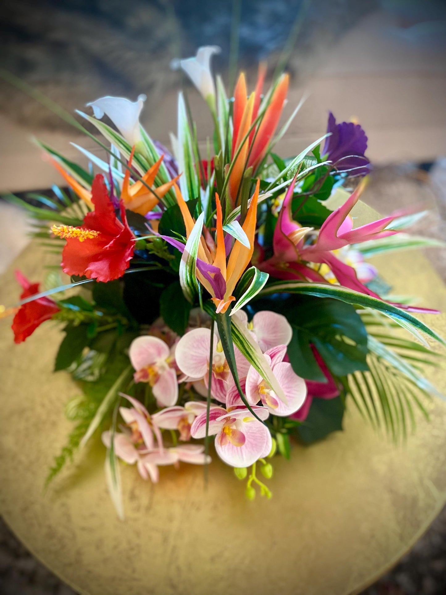Hibiscus Paradise . 19x19x15  Tropical Centerpiece.  Beautiful Bird of paradise, King Protea,  Hibiscus, Orchids stems.  Artificial, Faux.