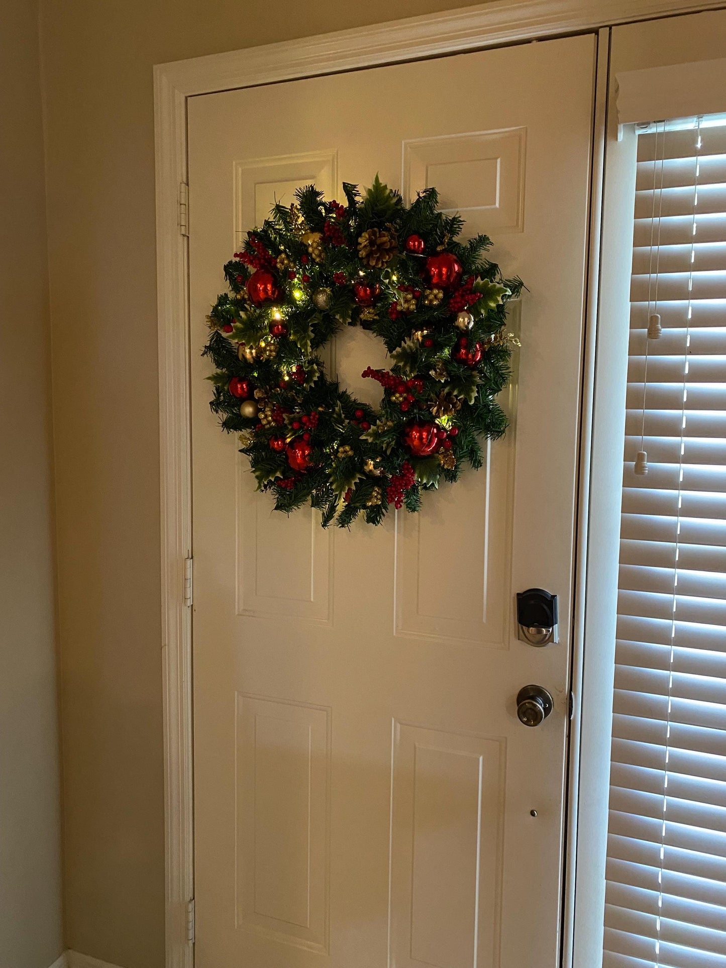 23" LED Christmas Wreath, Red Holly Berry Pine, Battery Operated Timer