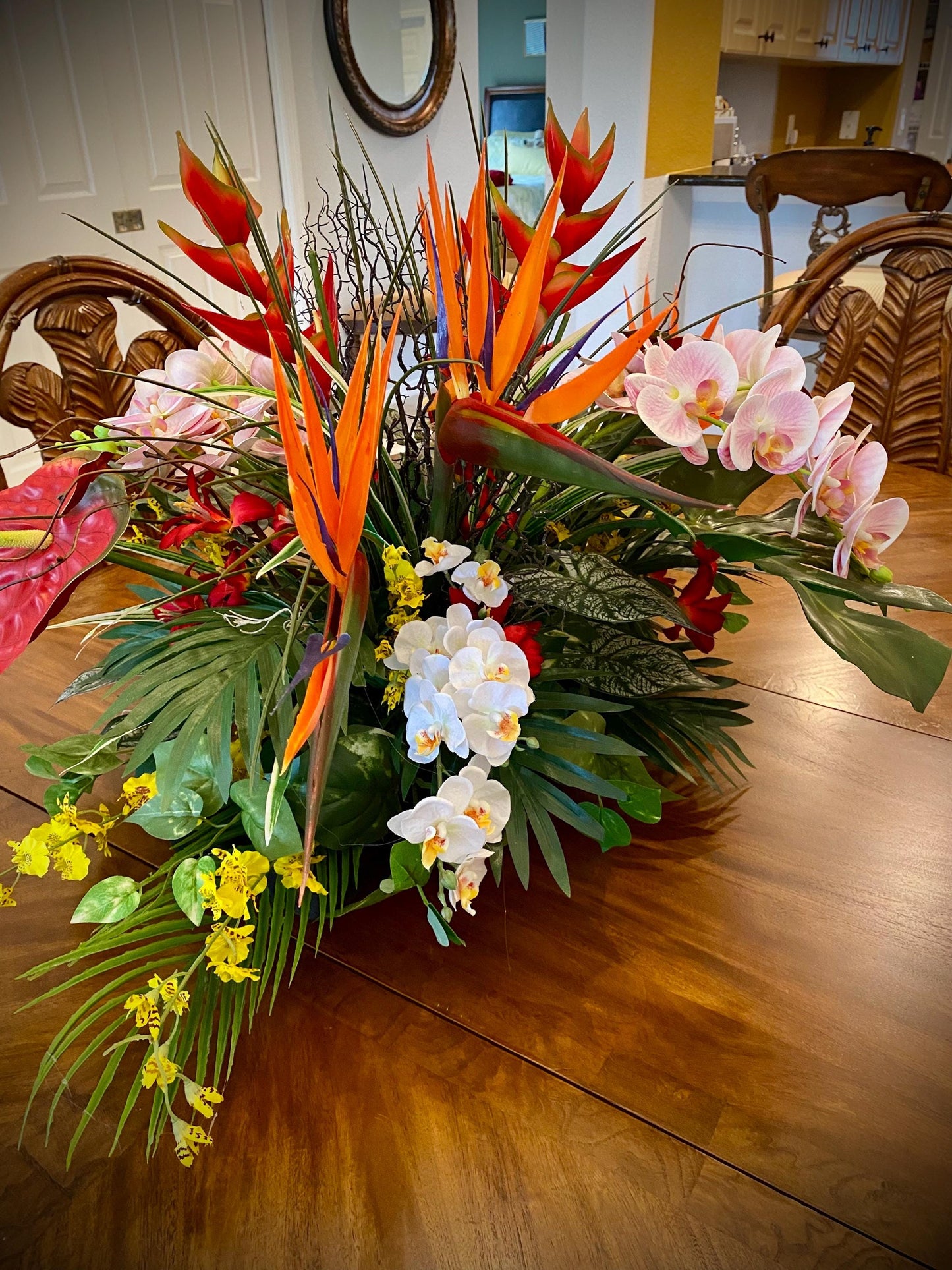 XL tropical arrangement with black wooden vessels. Heliconia, Bird of Paradise and Coral Fan.  Faux Floral Centerpiece,  (36x20x20) 8 pounds