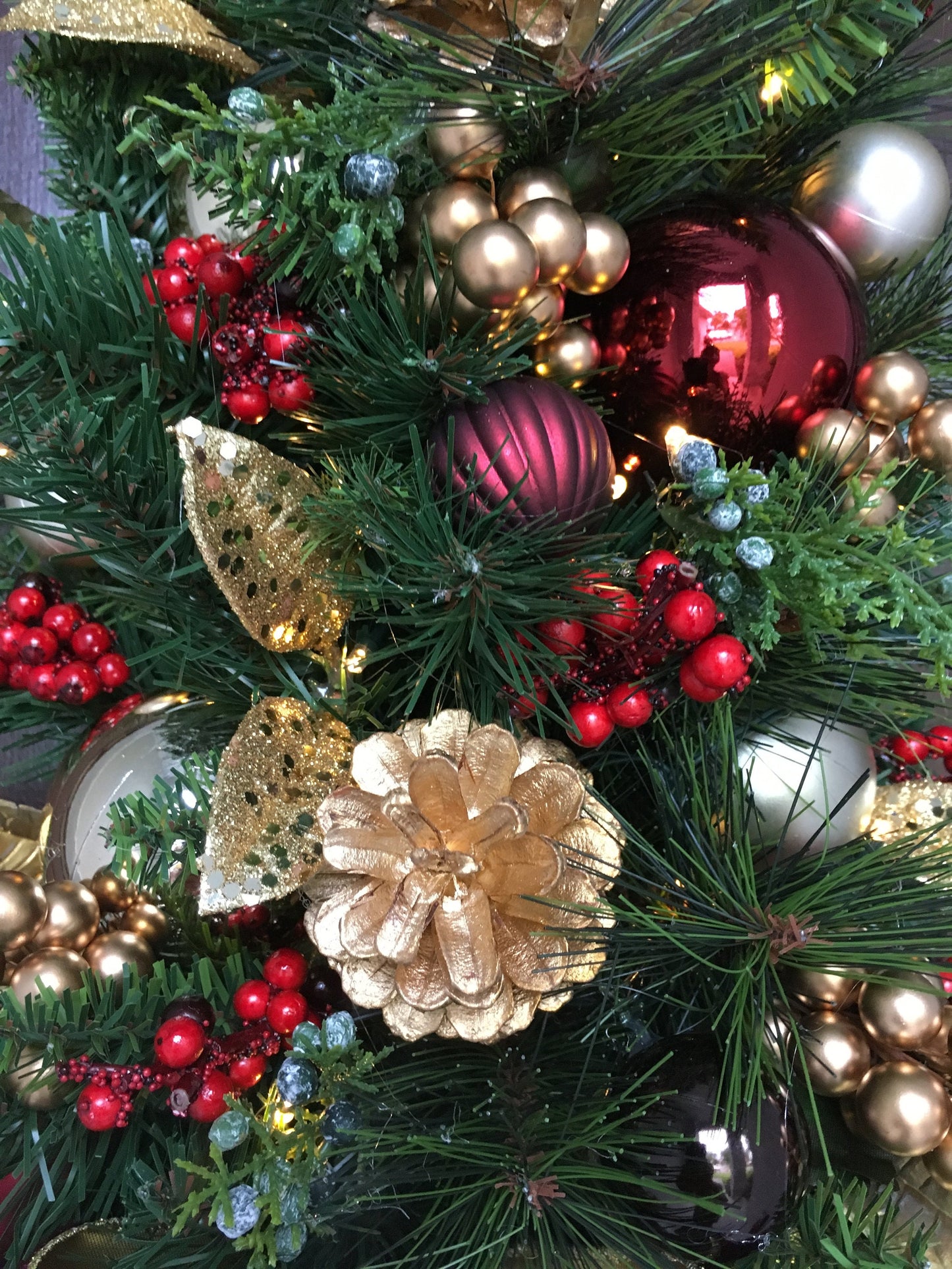 Christmas Tear Drop Swag, Burgundy Velvet Bow, Cordless Lighted Wall Tree