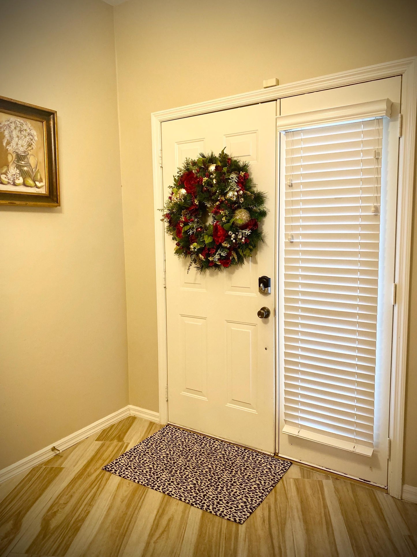 Wonderful Holiday Red Peony Wreath 2025 design.  Red Peony Artificial Wreath, 26" and up, LED cordless light. Free Shippings.