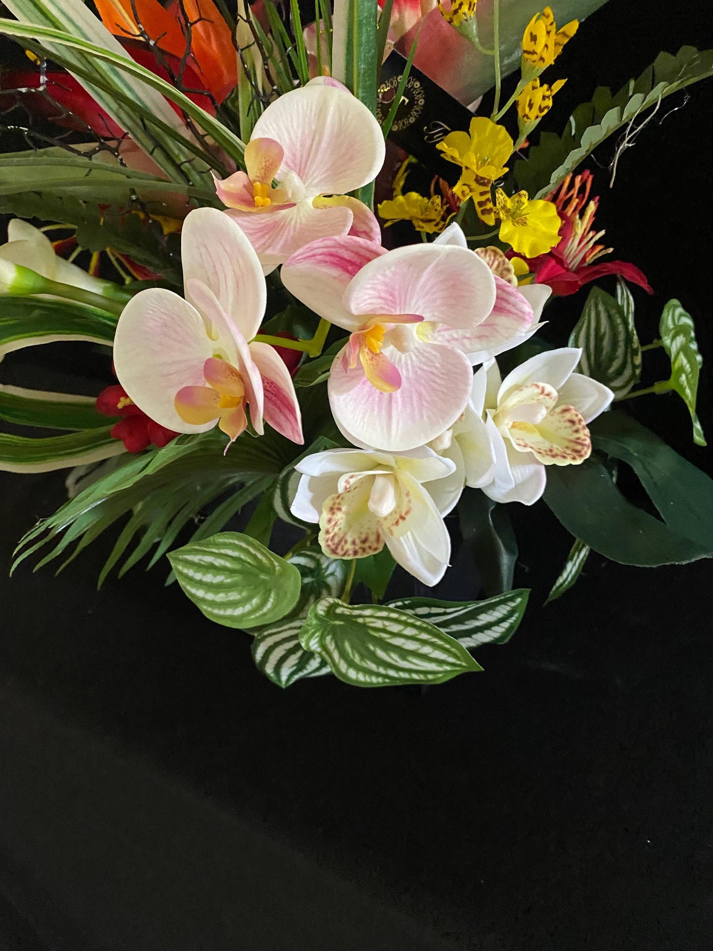 Bird of Paradise and Orchid in 5 inch black cube.   Artificial Colorful Exotic summer arrangement. Wedding Centerpiece.  16"hx15" diameter.