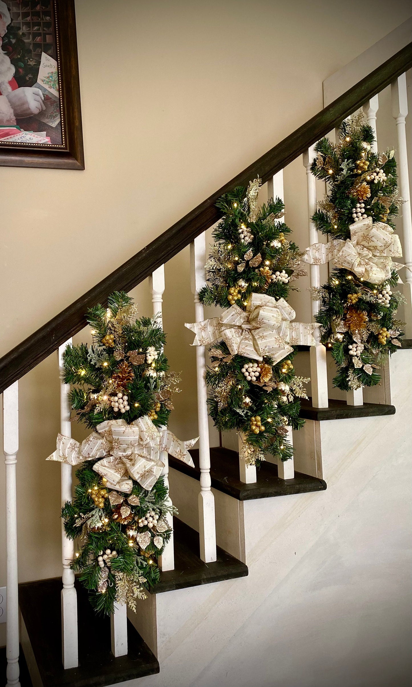 Luxury 3 pc Set Champagne Christmas Swag for Stairs,  Pre Lit with Automatic Timer Free Shipping, White, Vertical Swags.