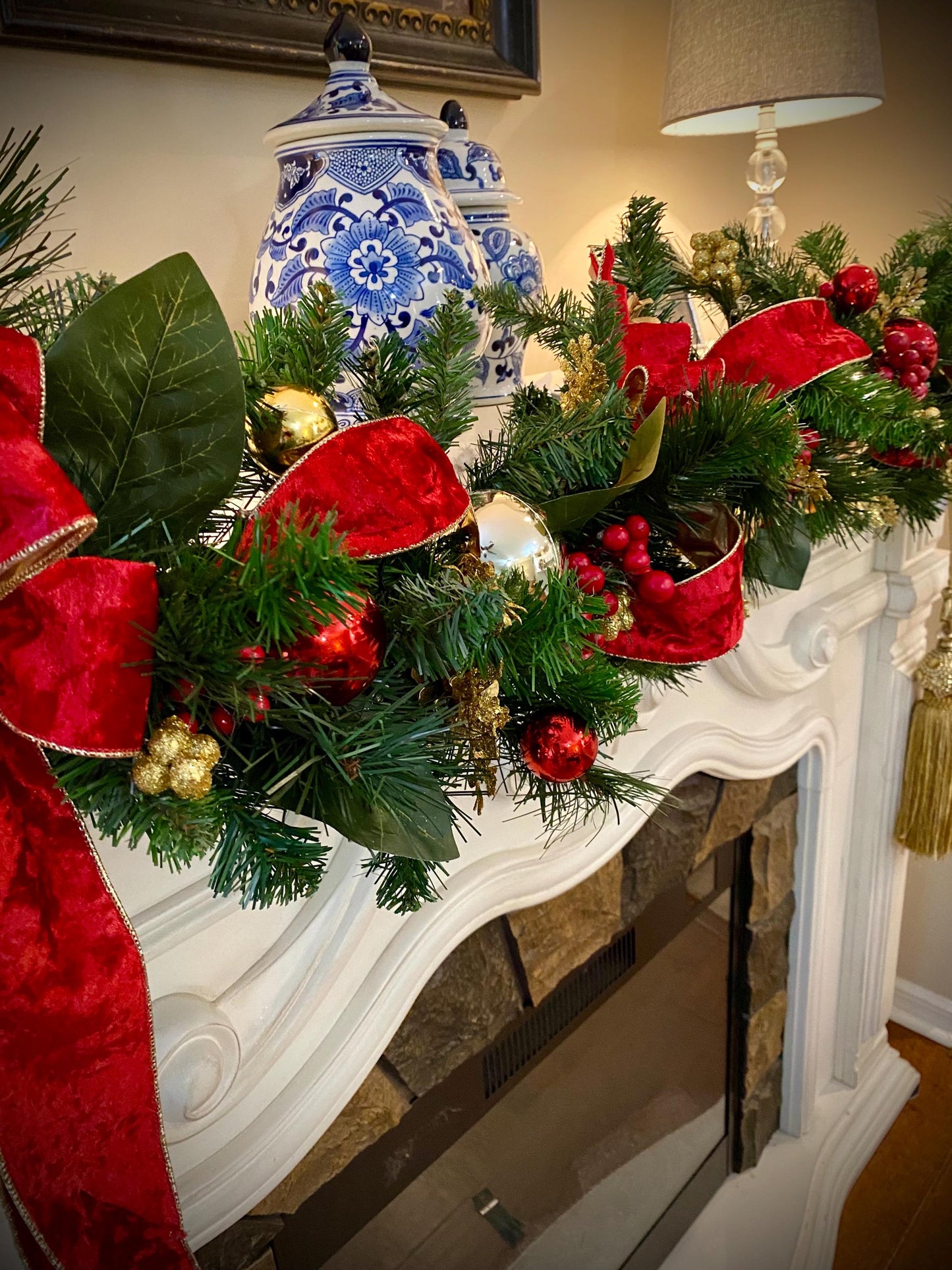 Red Velvet Christmas Garland, Gold Trim, Cordless 50 LED Lights
