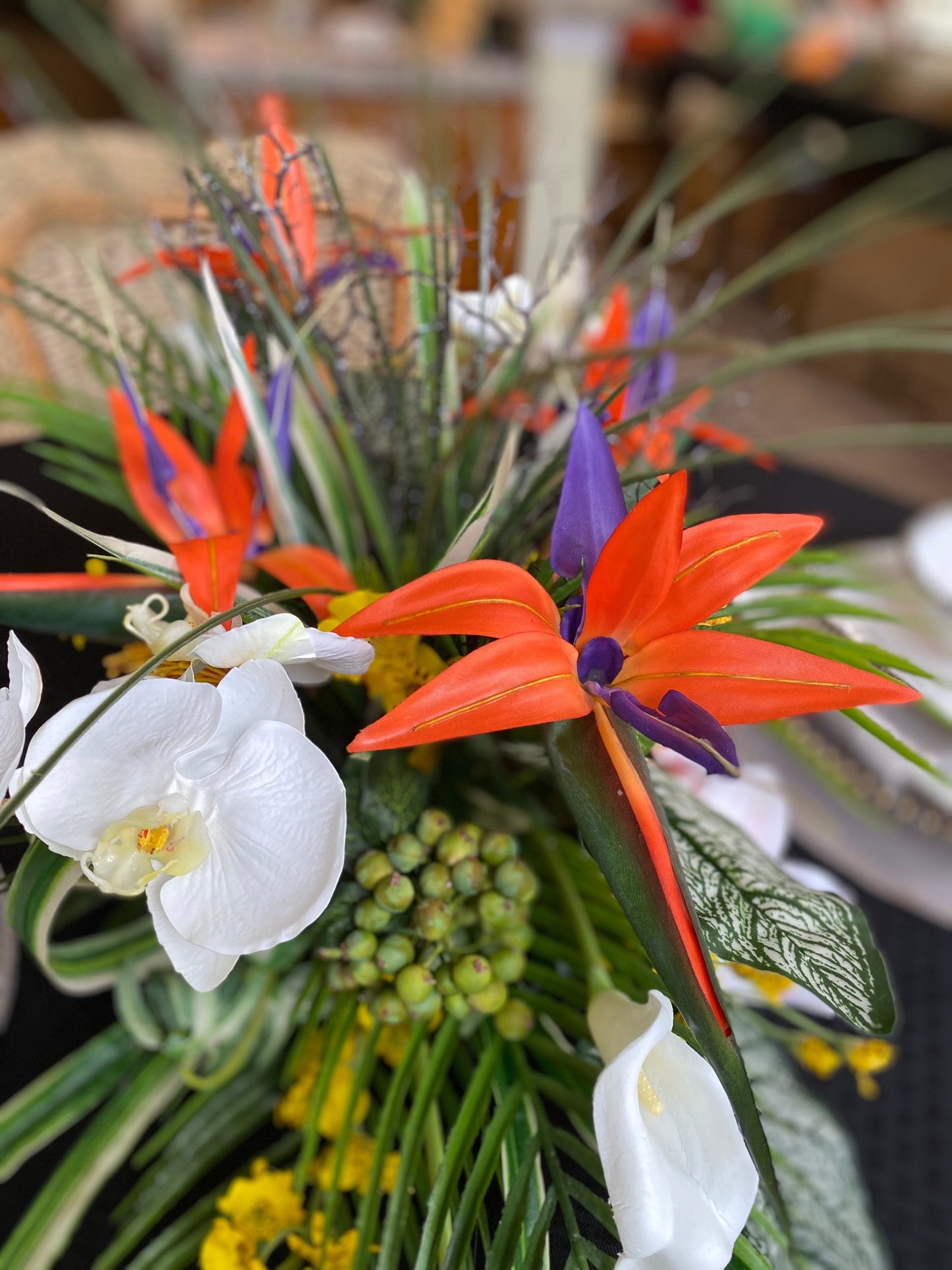 Tropical Bird of Paradise Centerpiece, Faux Orchid Coral Fan, 30"