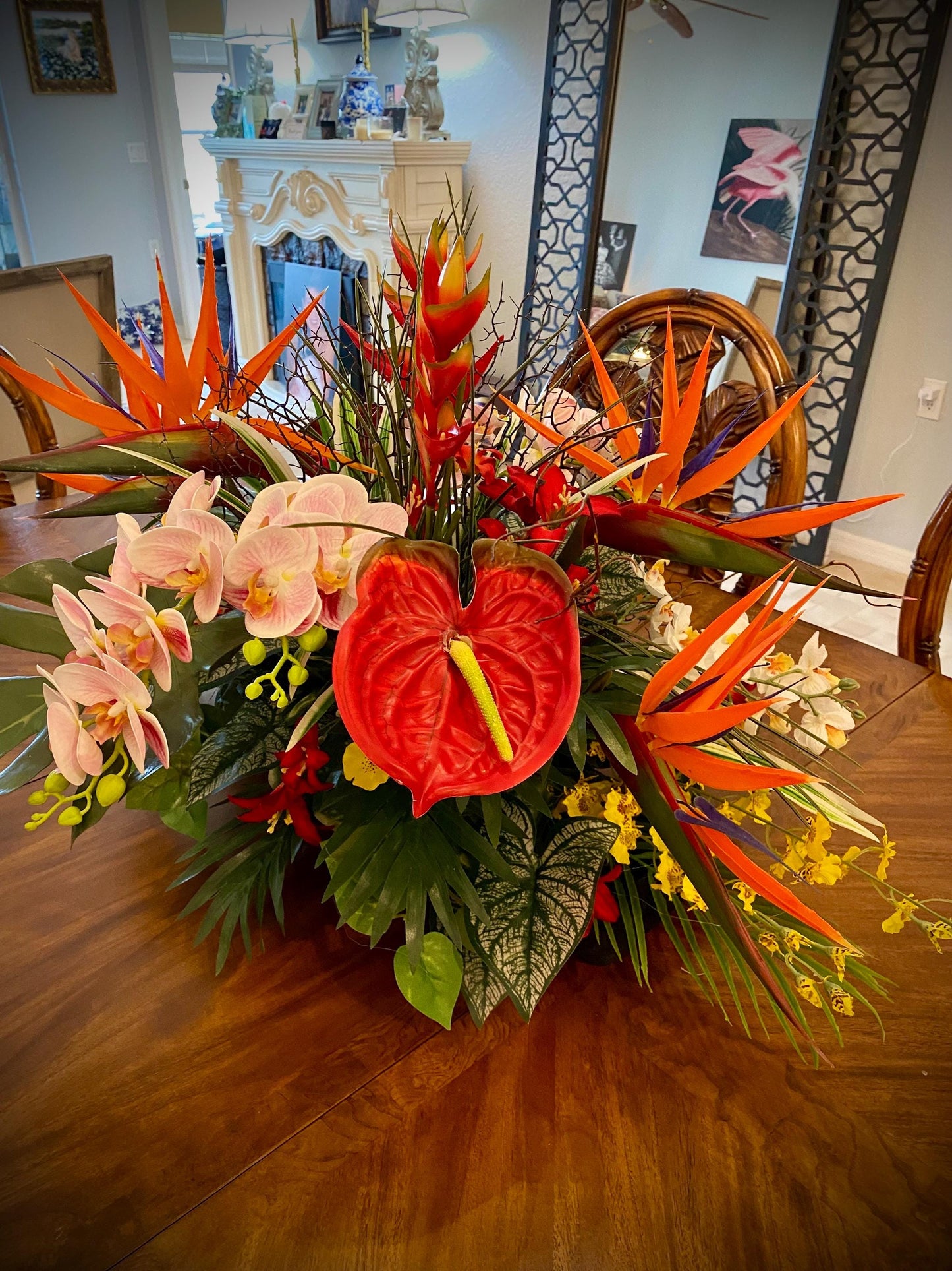 XL tropical arrangement with black wooden vessels. Heliconia, Bird of Paradise and Coral Fan.  Faux Floral Centerpiece,  (36x20x20) 8 pounds