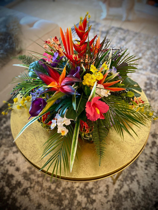 Hawaii Breeze Heliconia and Coral Fan Faux Large Floral Centerpiece, Tropical Arrangement . Artificial Flower Arrangement.
