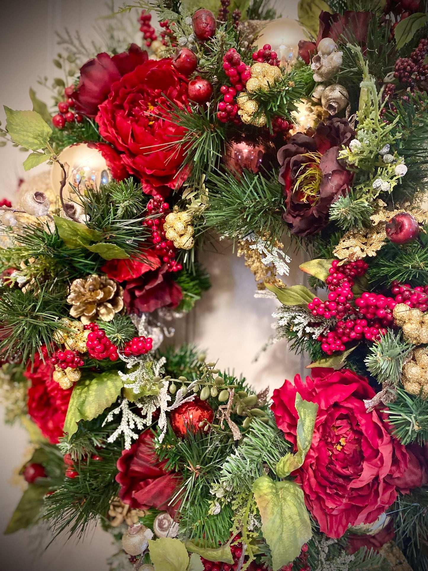 Wonderful Holiday Red Peony Wreath 2025 design.  Red Peony Artificial Wreath, 26" and up, LED cordless light. Free Shippings.