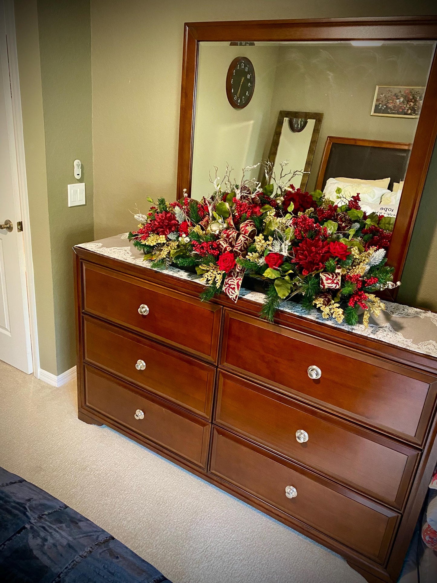 Luxury XL Holiday  Table Centerpiece . Artificial 45”  long  Velvety Wine Red flwerlet . Perfect  for a large table.