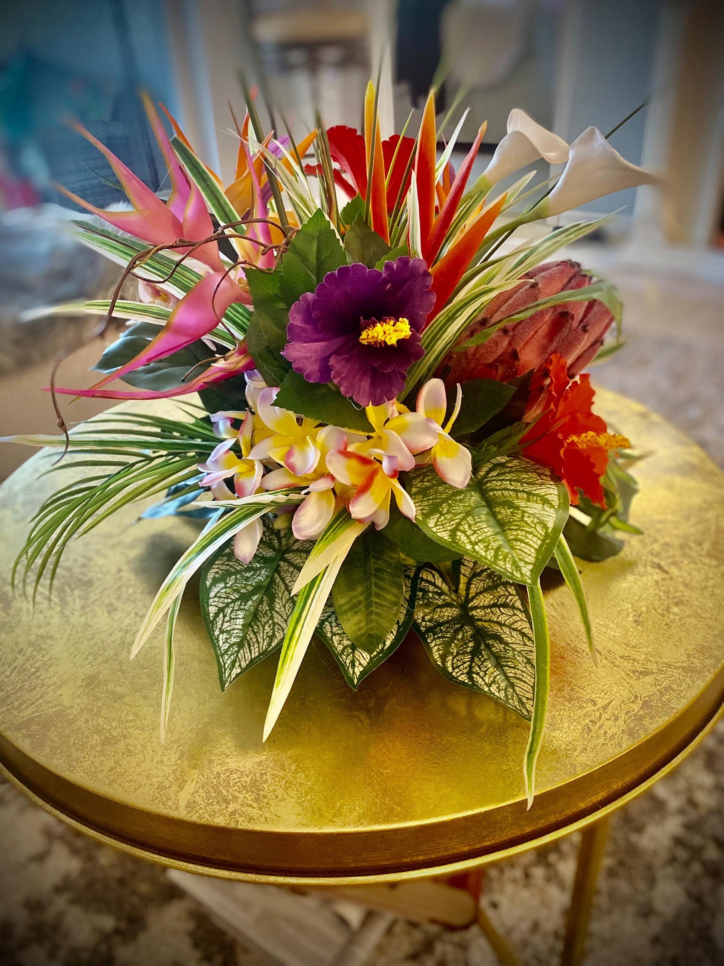 Hibiscus Paradise . 19x19x15  Tropical Centerpiece.  Beautiful Bird of paradise, King Protea,  Hibiscus, Orchids stems.  Artificial, Faux.