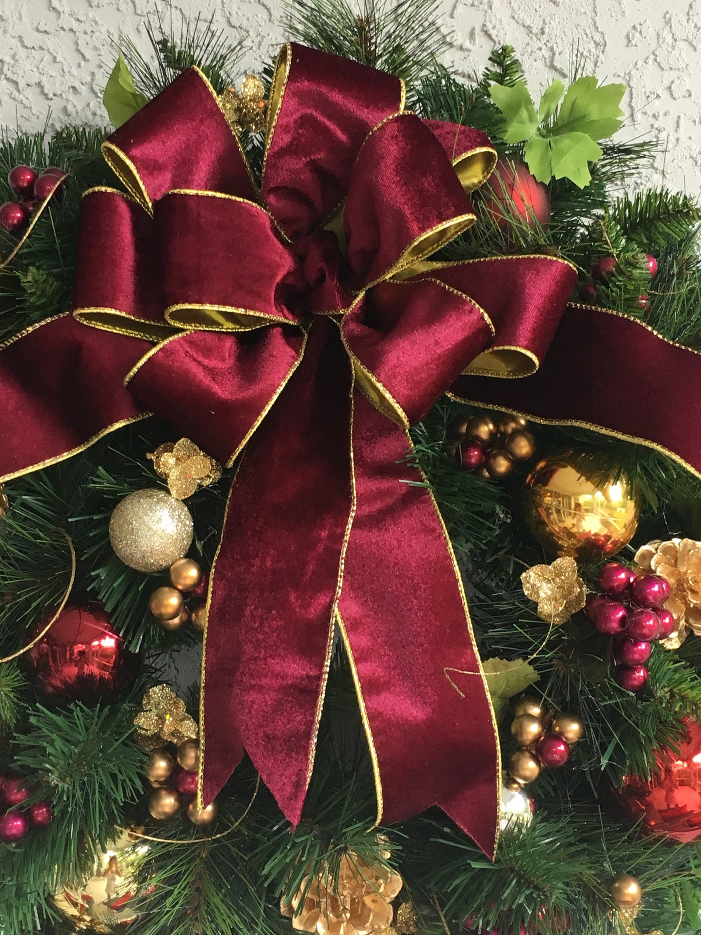 Burgundy Velvet Christmas Wreath with Cordless LED Timer Lights, Luxury Holiday Door Decor.